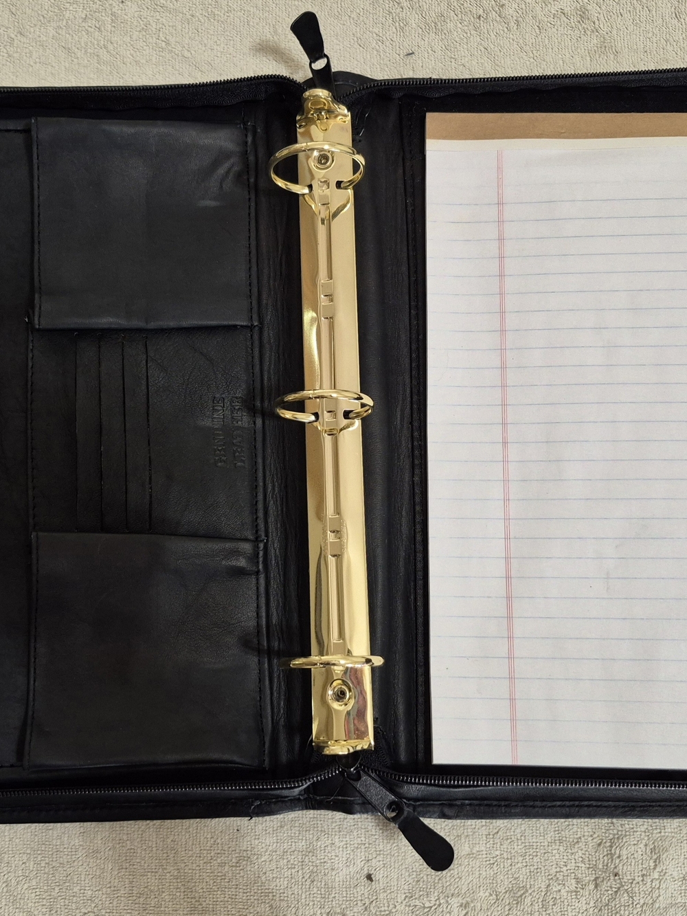 Black Leather Zippered Padfolio with Gold Ring Binder
